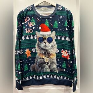 Ling QiShiZu Cut Cat in Santa Hat Sunglasses Christmas Sweatshirt Size XXL NWT